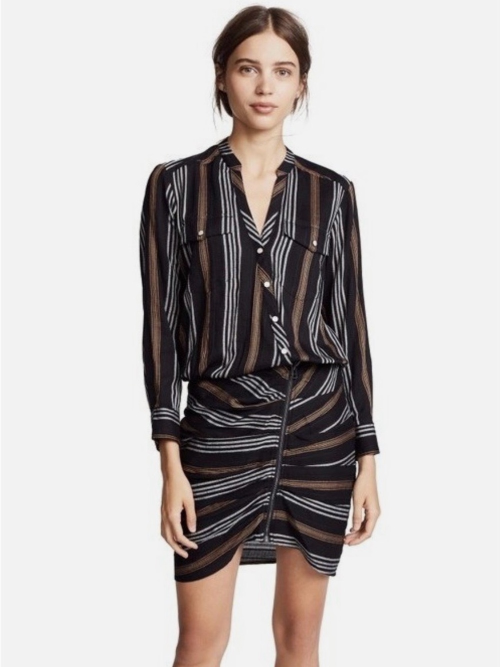 Veronica Beard Black, Brown and White Striped Button-Front Mini Dress